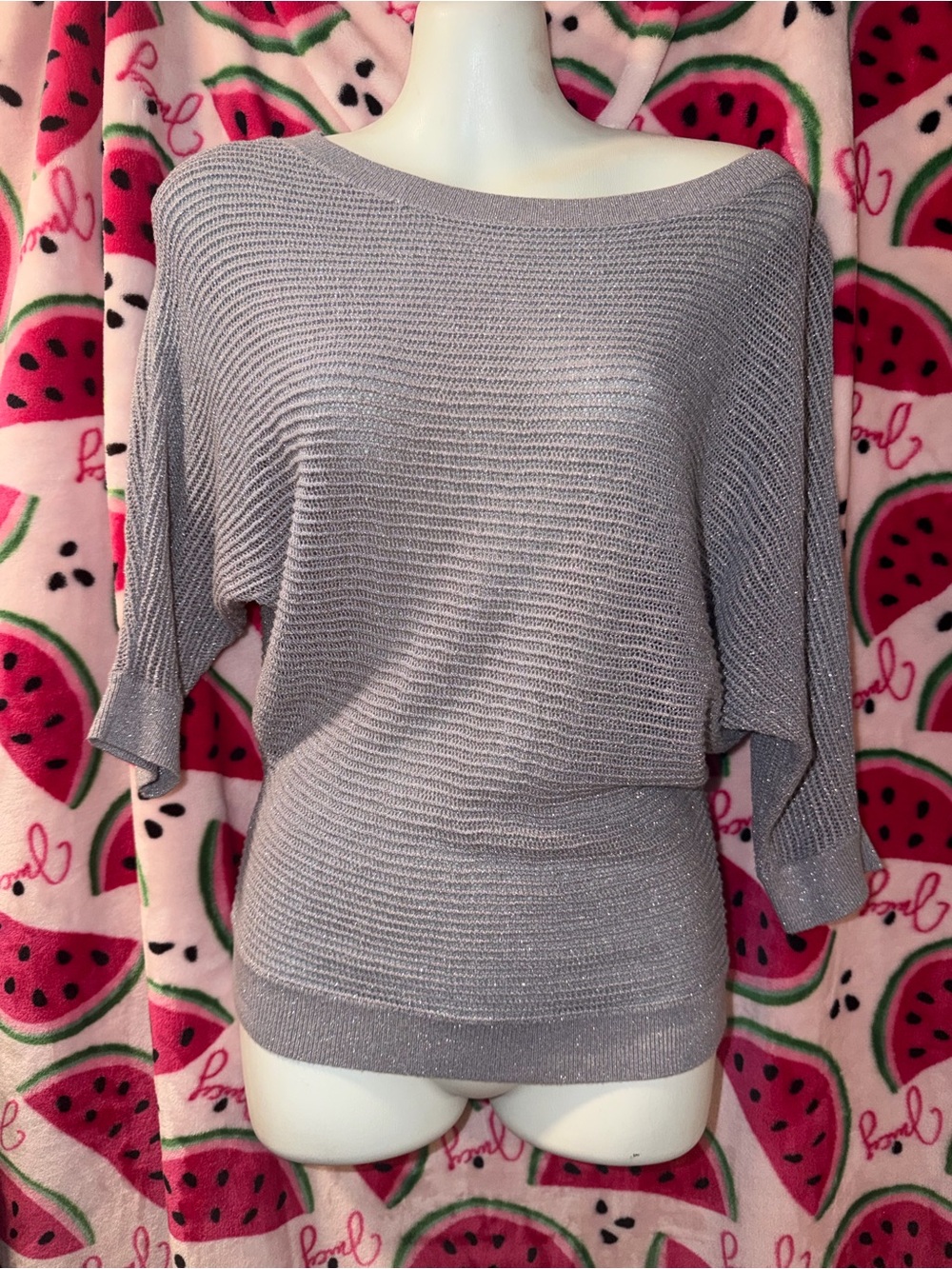 🩶 Express Slouchy Off-the-Shoulder Metallic Knit Sweater